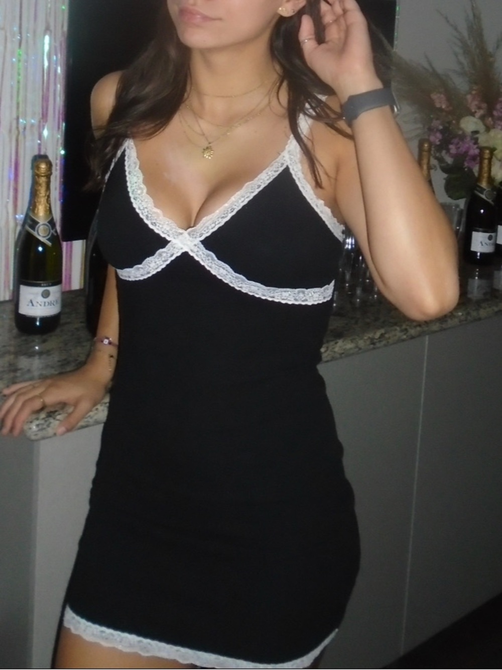 Garage Black Mini Slip Dress with White Lace Trim